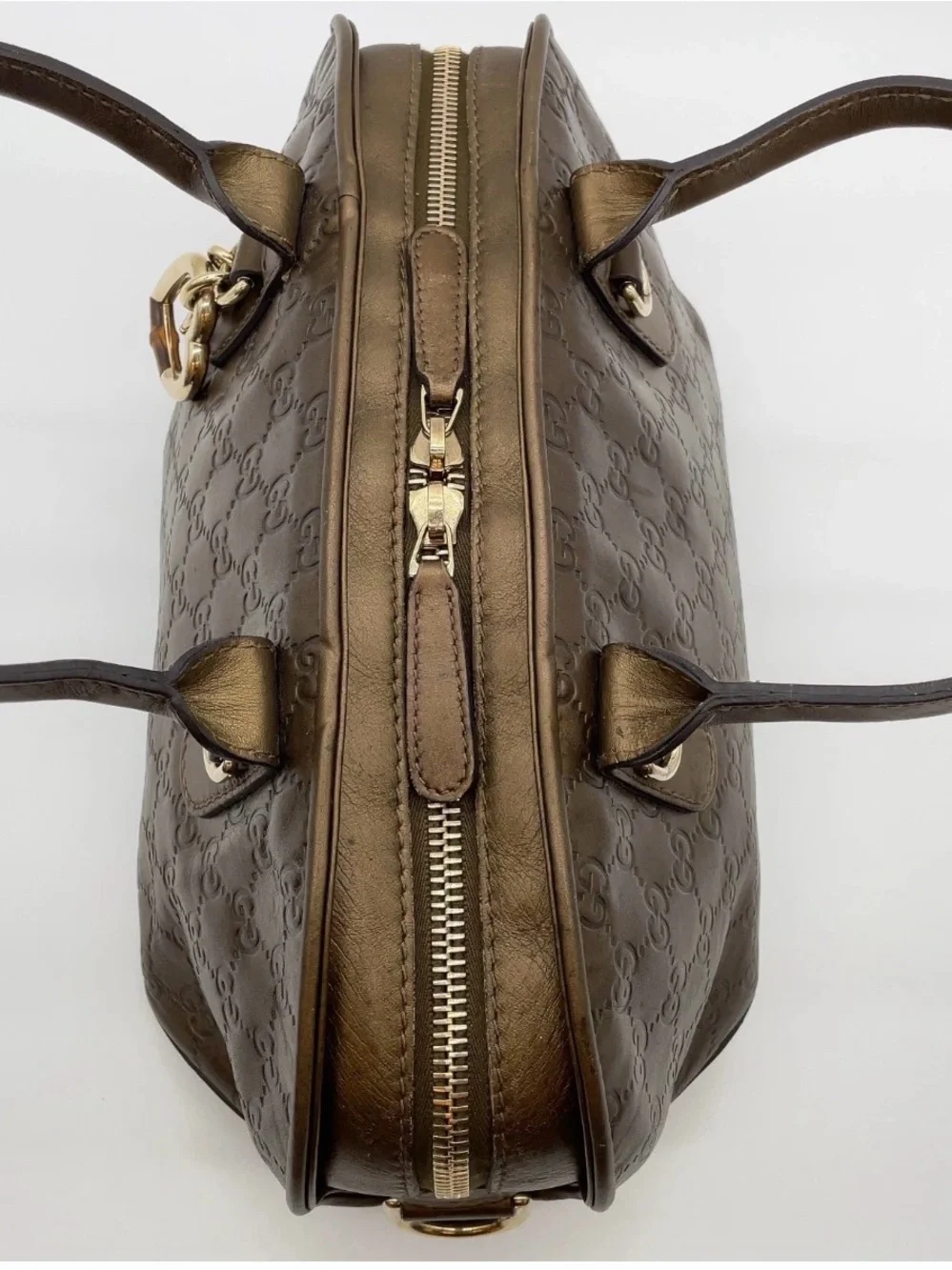 450. Gucci Metallic Guccissima Leather Bamboo Heart-Bit Top Handle Satchel Bag